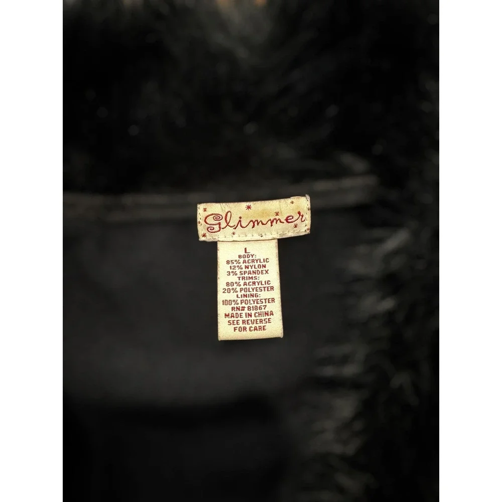 Y2K Goth Shimmer Black Cardigan Sweater Faux Fur‎ Collar Long Sleeve Womens - Picture 6 of 7